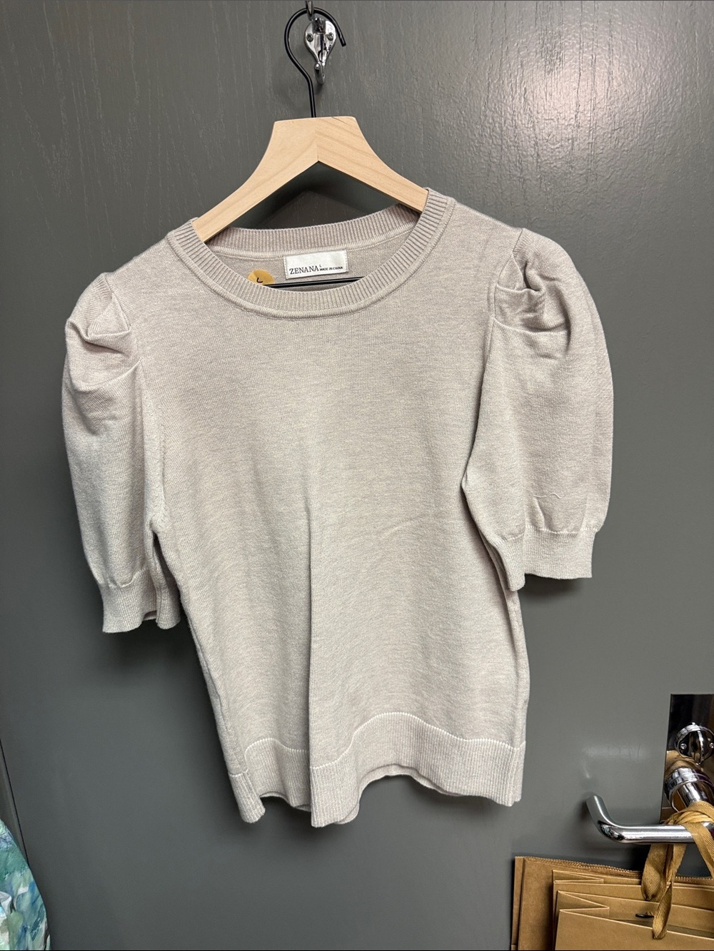 Zenana Outfitters Short Puff Sleeve Knit Top in Light Taupe